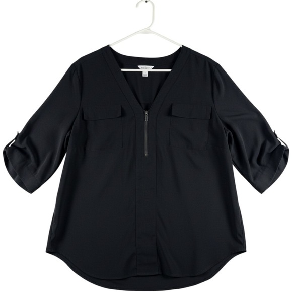Boutique Tops - Boutique Women Black Zip V-Neck 3/4 Tab Sleeve Blouse Plus Size 1X